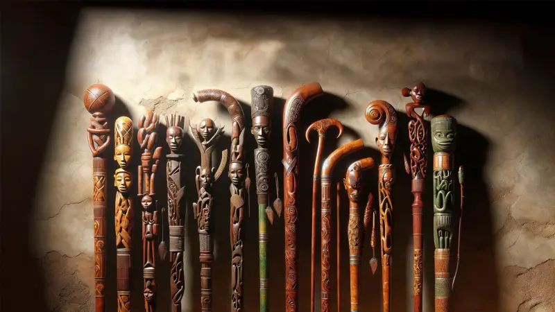 A row of hand-carved African walking sticks against a stone wall