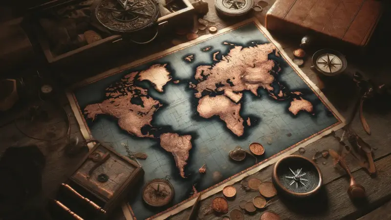 An antique world map with compasses and coins
