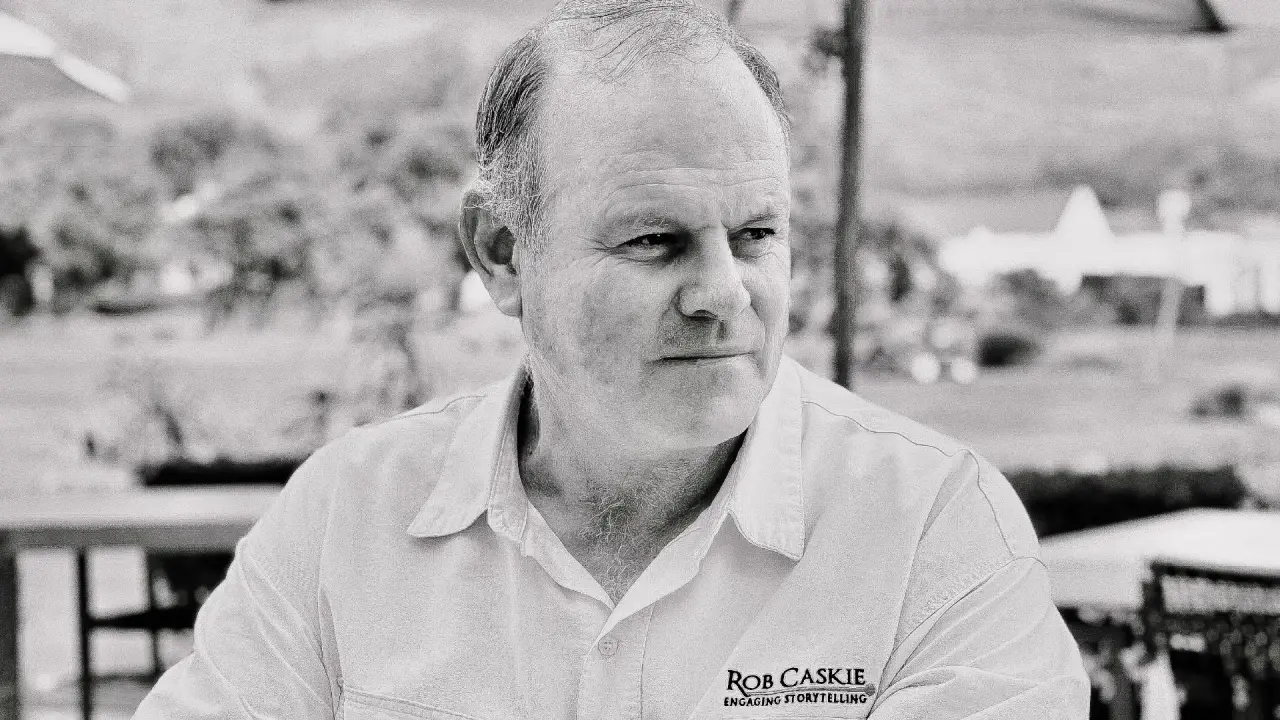 Rob Caskie, storyteller, in black and white