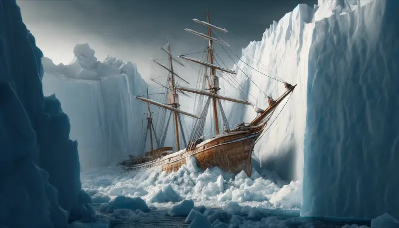 A sailing ship trapped between towering ice cliffs
