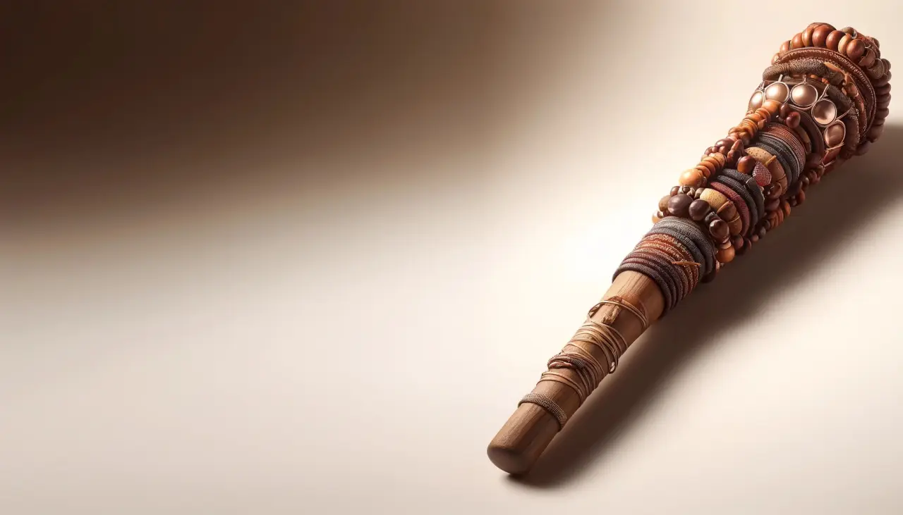 A carved walking stick with beads and copper rings