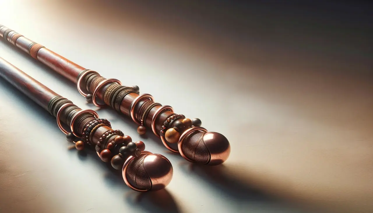 Two carved walking sticks with copper fittings